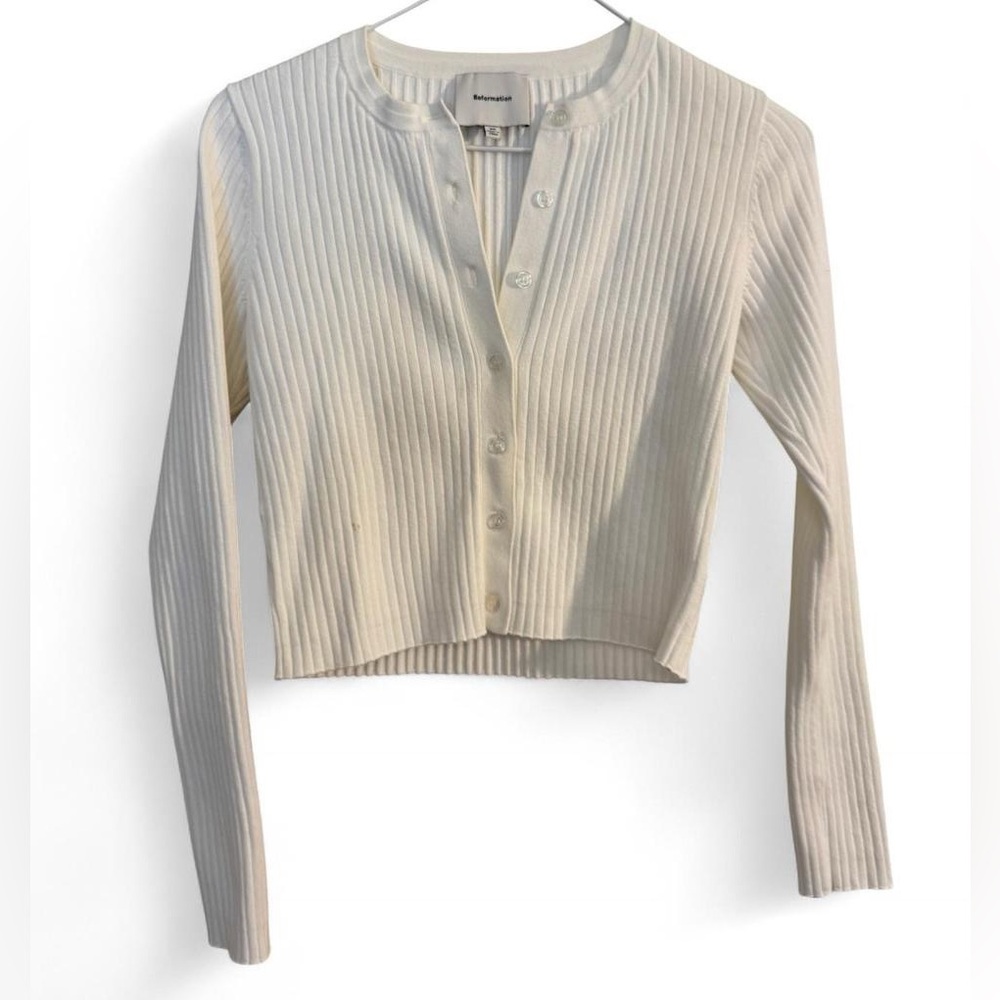Reformation Cream Ribbed Button-Front Cardigan - Picture 4 of 16